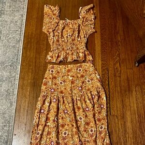 Floral Boho Maxi Skirt With Ruffle Hem and Peasant Top Set by Luna Moon